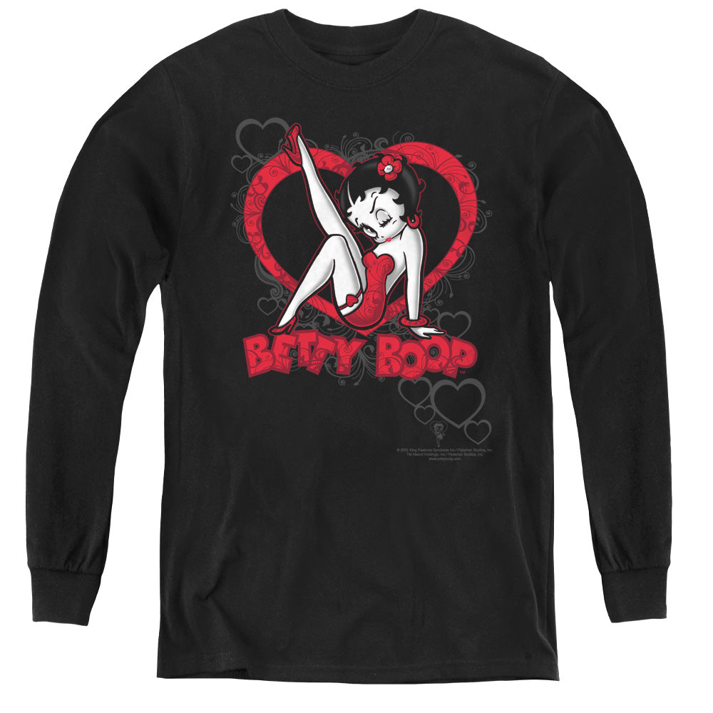 BETTY BOOP/SCROLLING HEARTS - YOUTH LONG SLEEVE TEE - BLACK