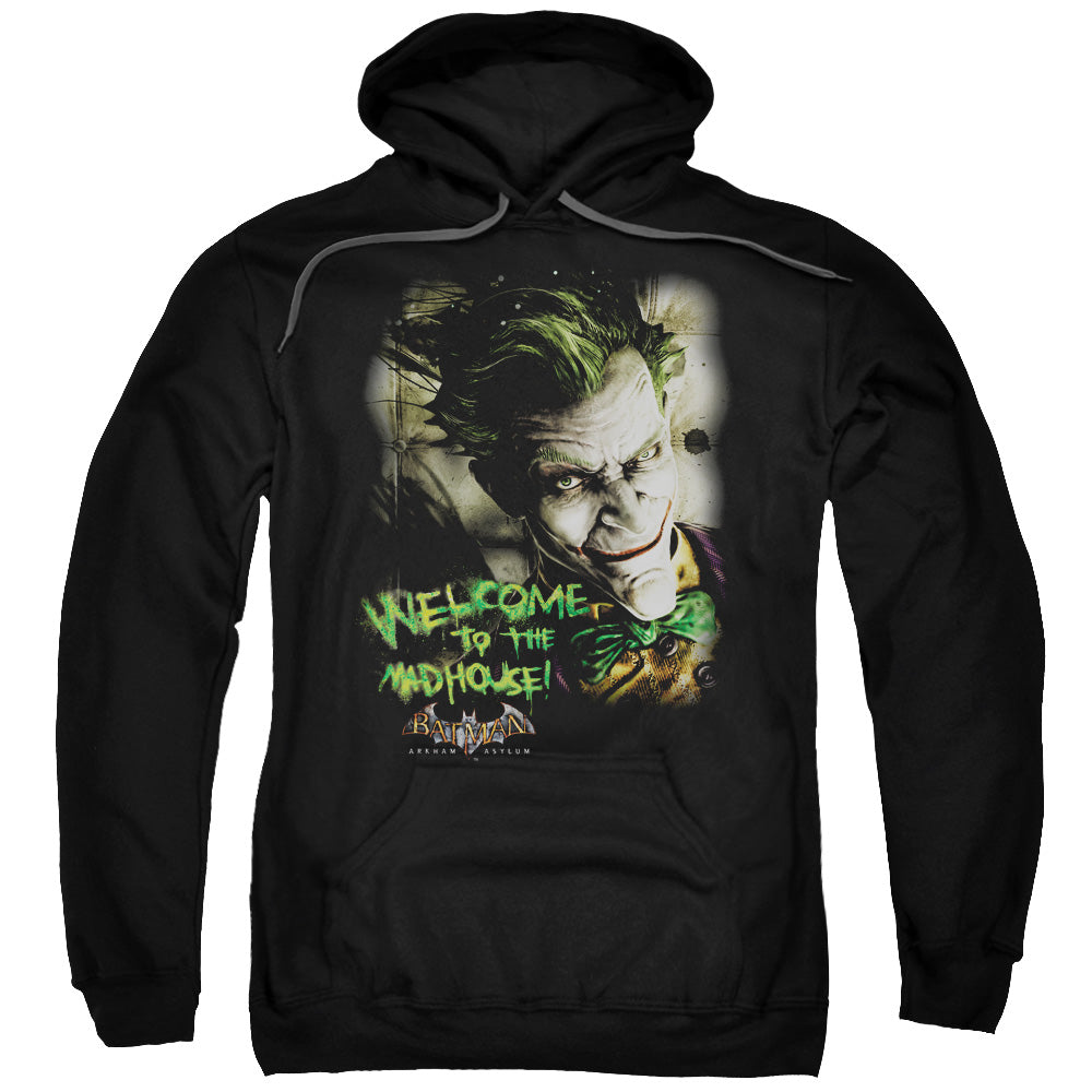 BATMAN ARKHAM ASYLUM/WELCOME TO THE MADHOUSE - ADULT PULLOVER HOODIE - BLACK