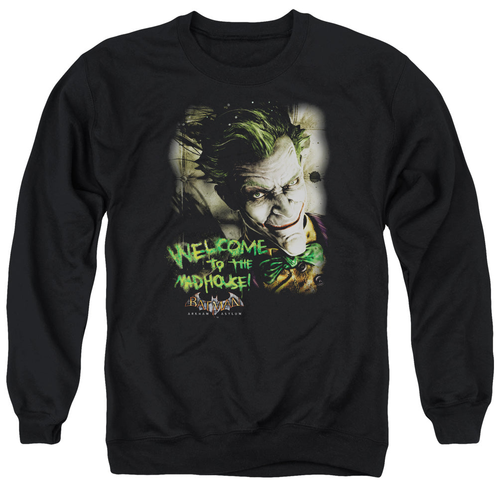 BATMAN ARKHAM ASYLUM/WELCOME TO THE MADHOUSE - ADULT CREWNECK SWEATSHIRT - BLACK