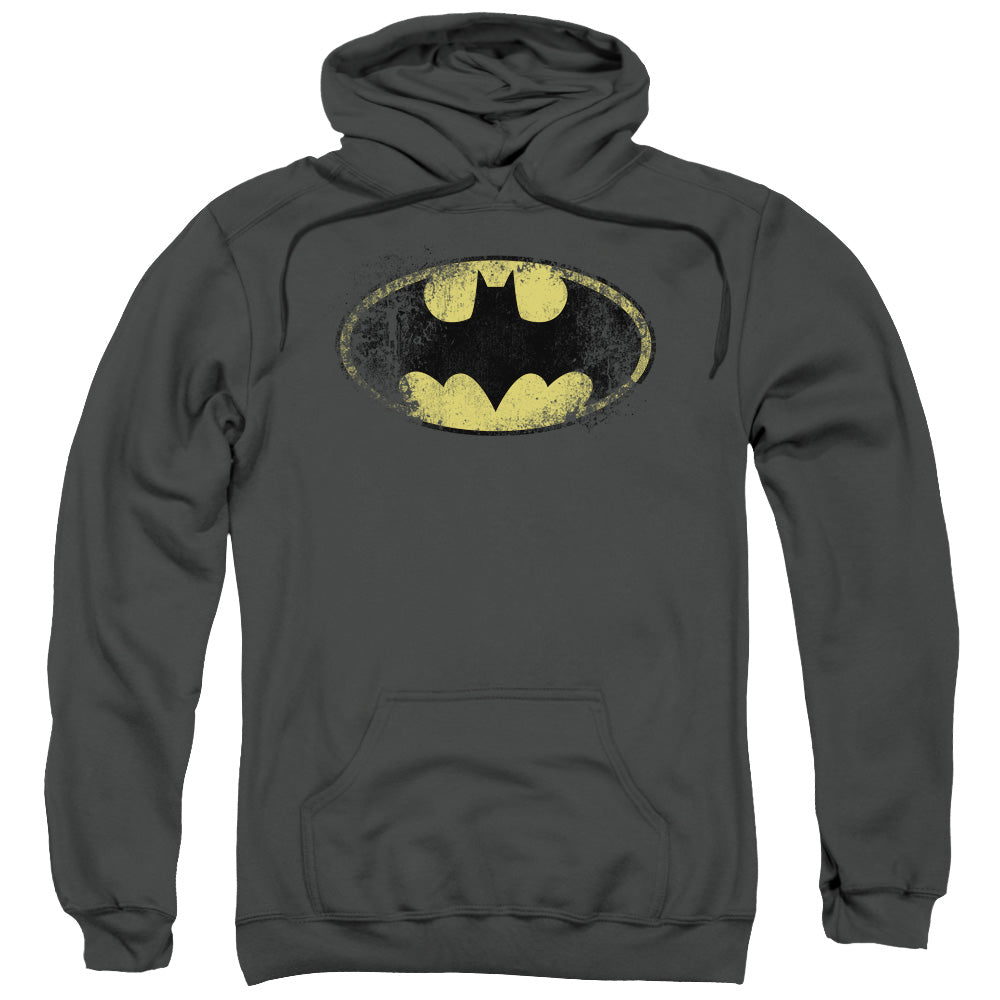 BATMAN/DESTROYED LOGO - ADULT PULLOVER HOODIE - CHARCOAL