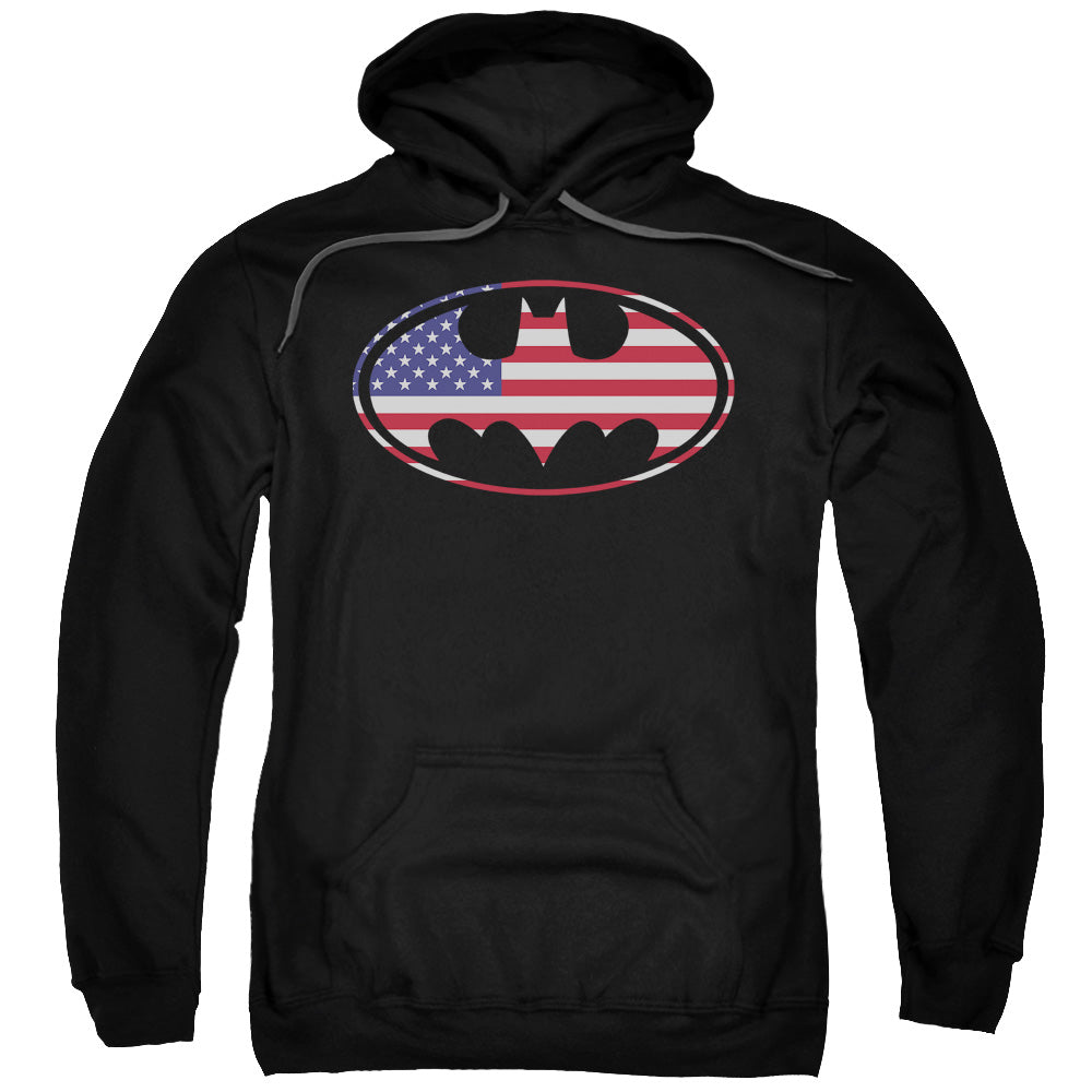 BATMAN/AMERICAN FLAG OVAL - ADULT PULLOVER HOODIE - BLACK