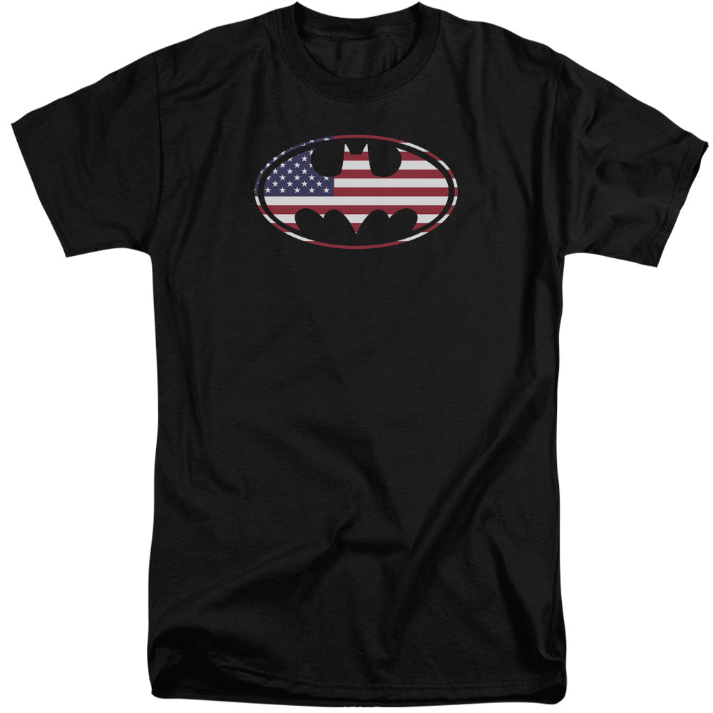 BATMAN/AMERICAN FLAG OVAL - S/S ADULT TALL 18/1 - BLACK
