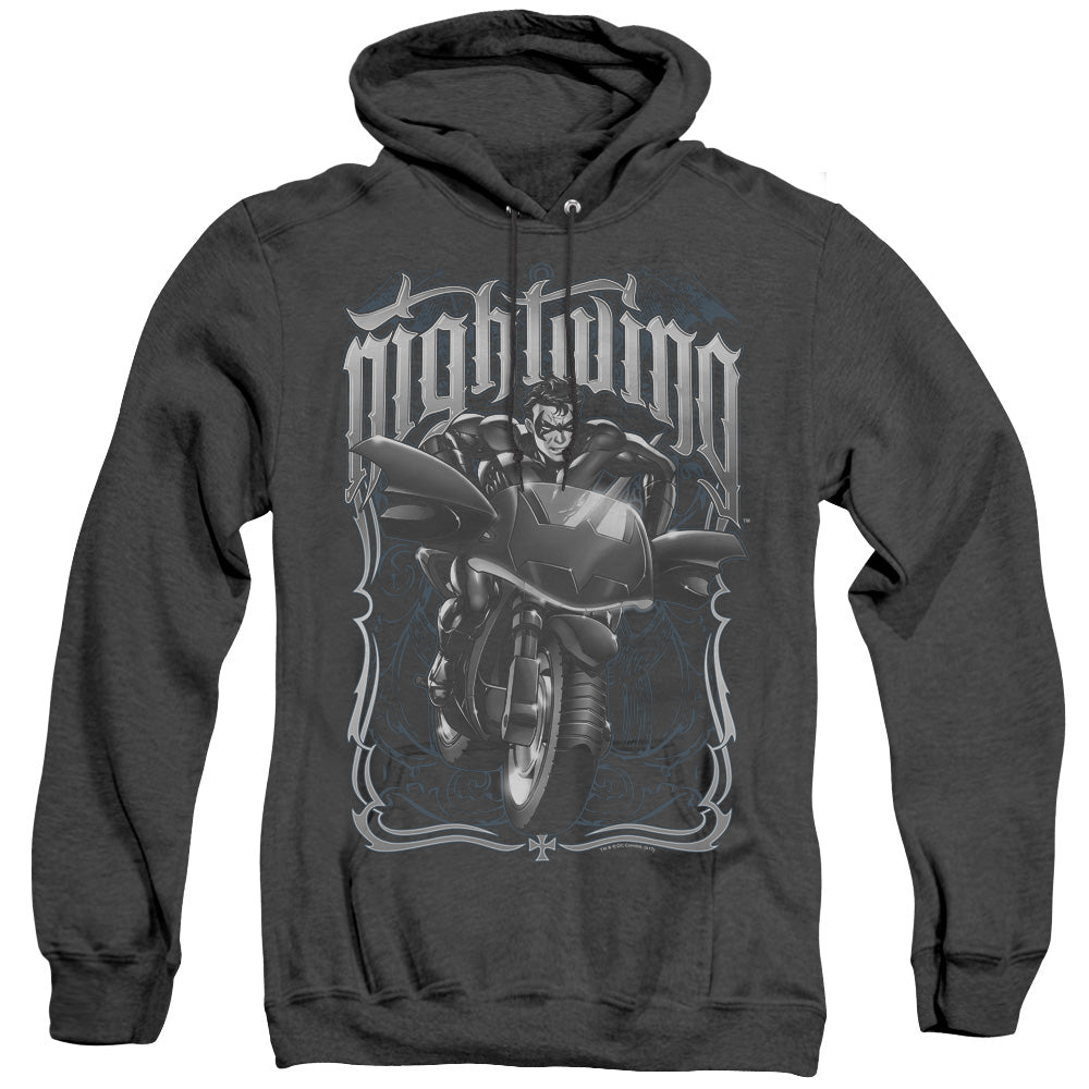 BATMAN/NIGHTWING BIKER - ADULT HEATHER HOODIE - BLACK