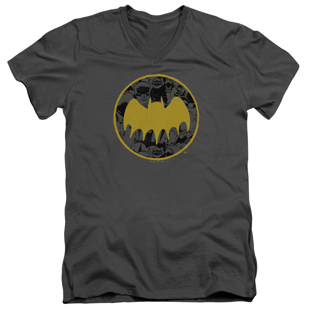 BATMAN/VINTAGE SYMBOL COLLAGE - S/S ADULT V-NECK 30/1 - CHARCOAL