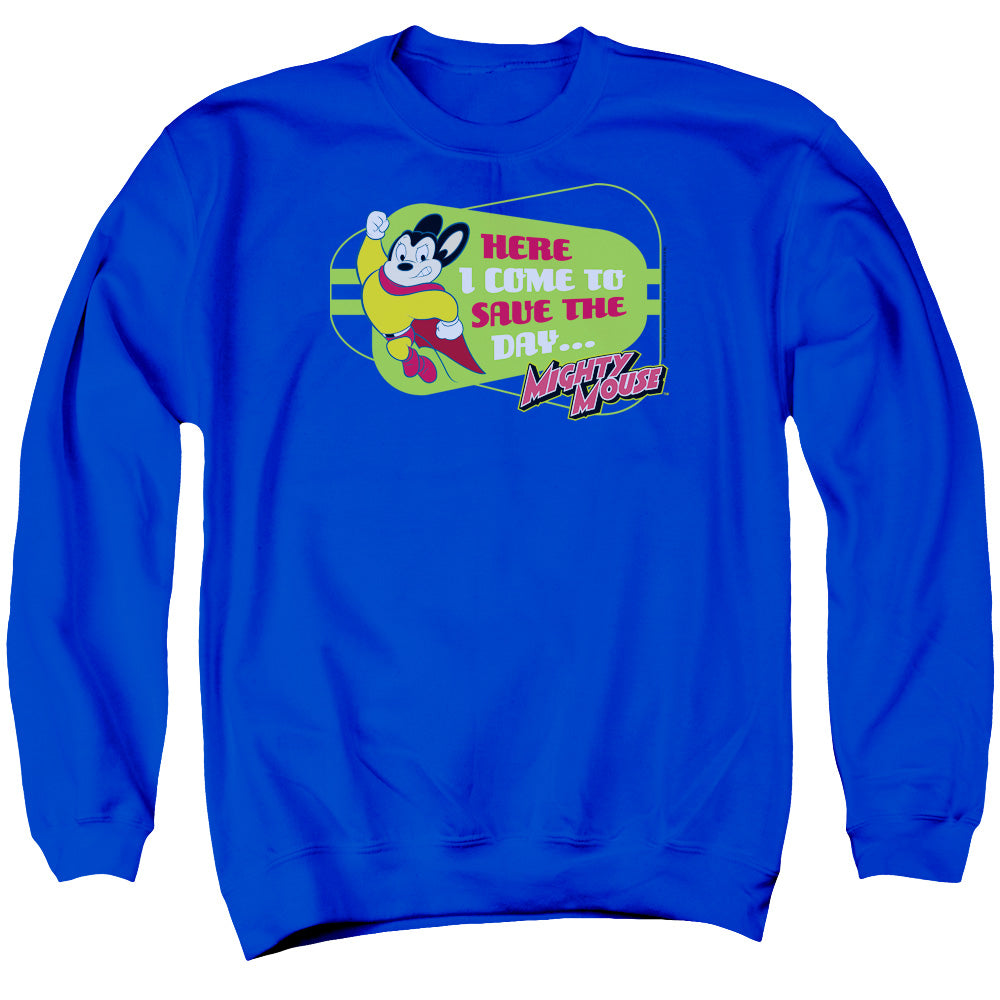 MIGHTY MOUSE/HERE I COME - ADULT CREWNECK SWEATSHIRT - ROYAL BLUE