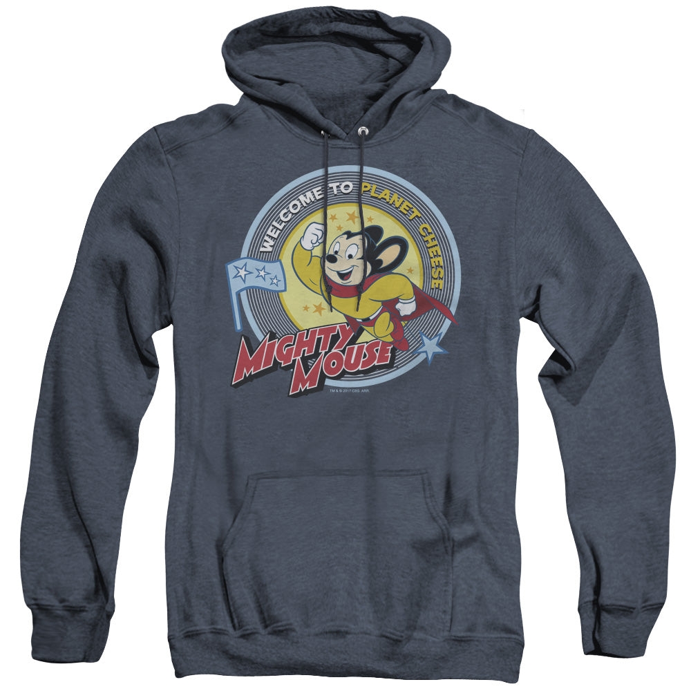 MIGHTY MOUSE/PLANET CHEESE - ADULT HEATHER HOODIE - NAVY