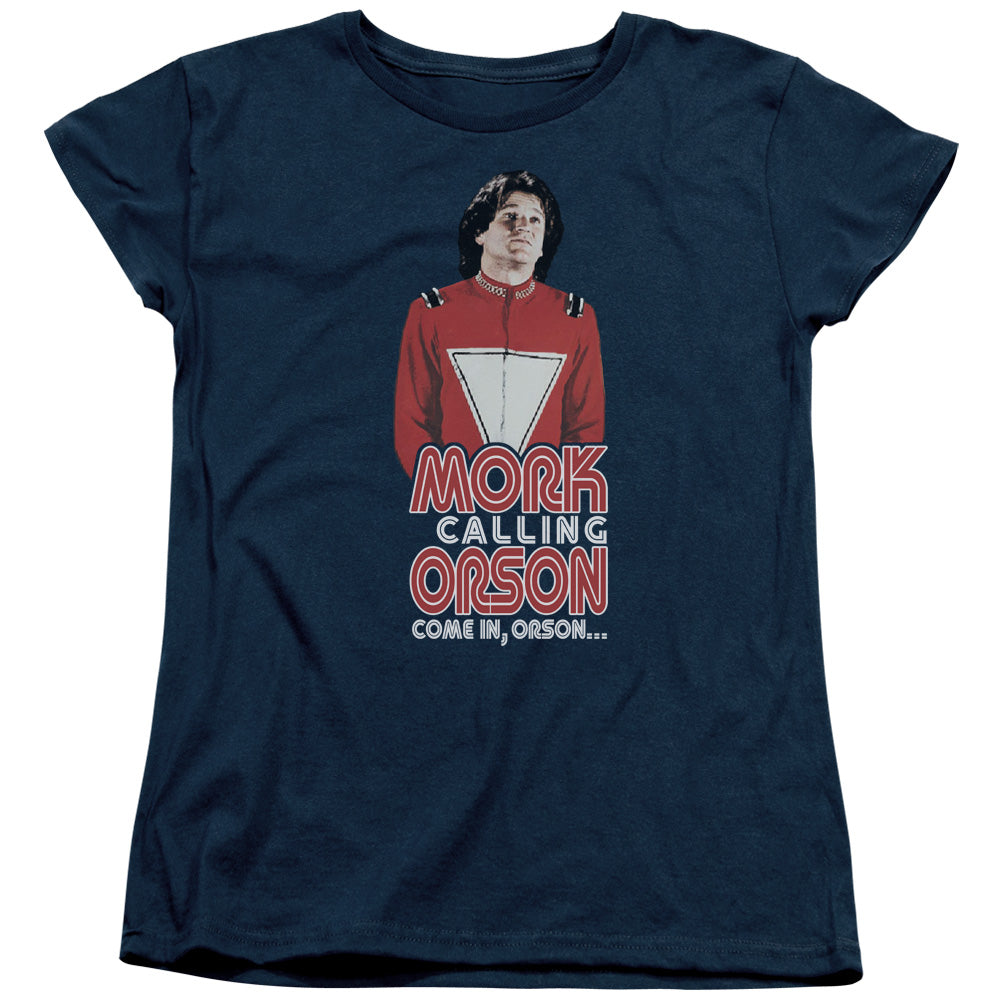 MORK & MINDY/COME IN ORSON - S/S WOMENS TEE - NAVY