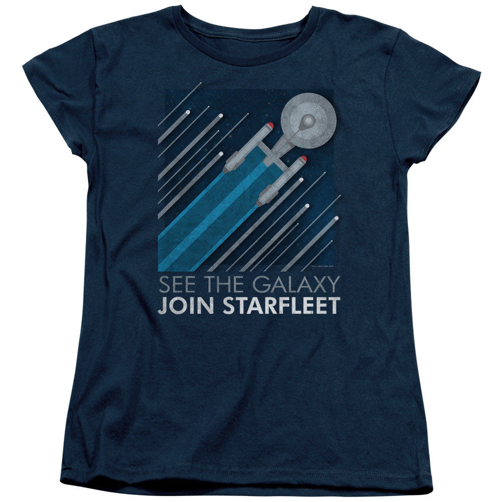 STAR TREK/STARFLEET RECRUITMENT POSTER - S/S WOMENS TEE - NAVY
