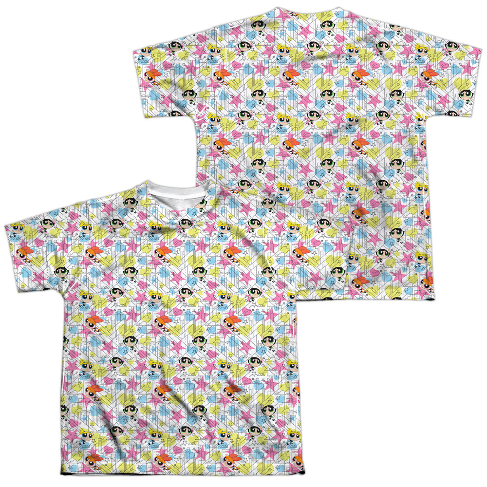 POWERPUFF GIRLS/POWERPUFF PATTERN (FRONT/BACK PRINT) - S/S YOUTH POLY CREW - MULTI