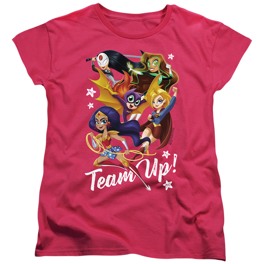 DC SUPERHERO GIRLS/TEAM UP - S/S WOMENS TEE - HOT PINK