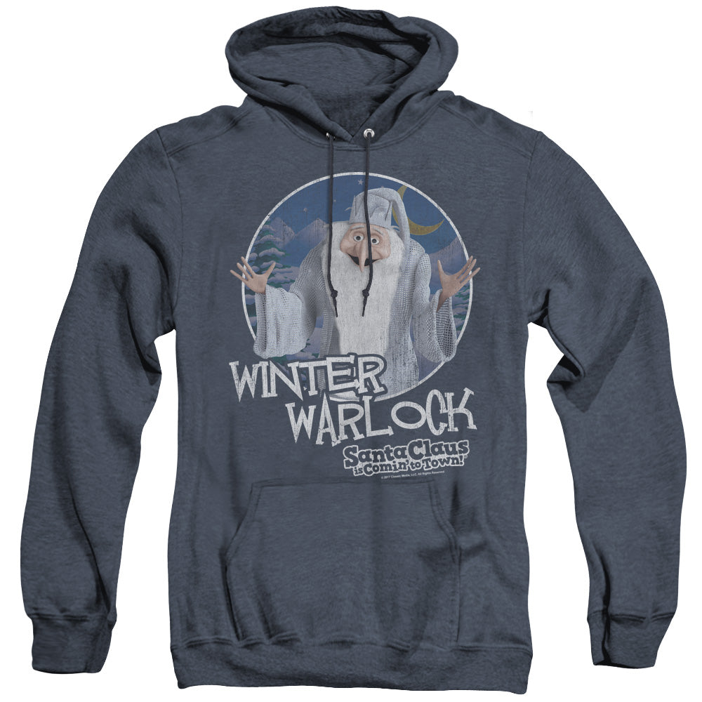SANTA CLAUS IS COMIN TO TOWN/WINTER WARLOCK - ADULT HEATHER HOODIE - NAVY