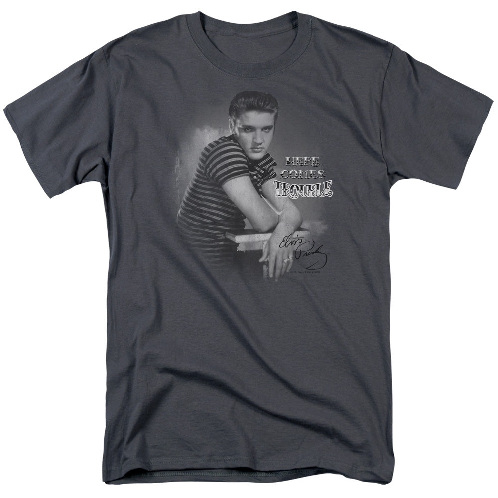 ELVIS PRESLEY/TROUBLE - S/S ADULT 18/1 - CHARCOAL