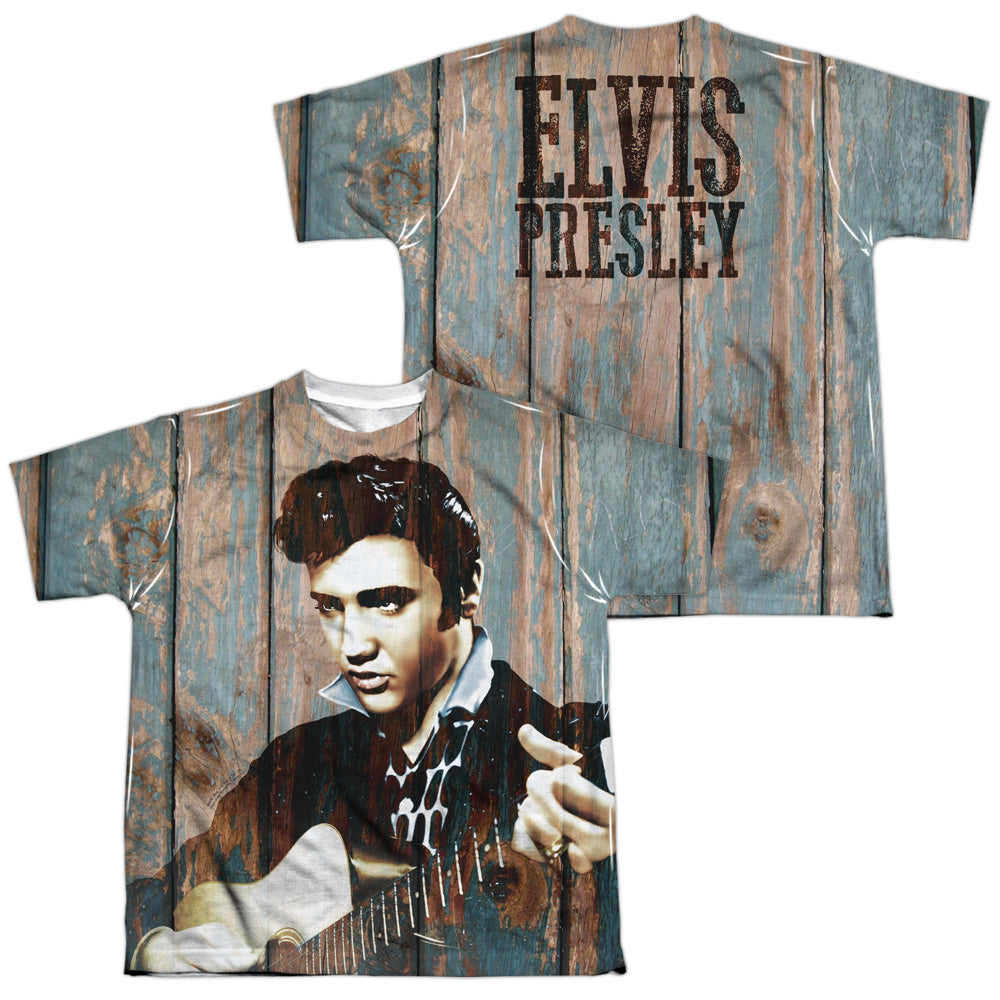 ELVIS PRESLEY/WOODGRAIN (FRONT/BACK PRINT) - S/S YOUTH POLY CREW - MULTI