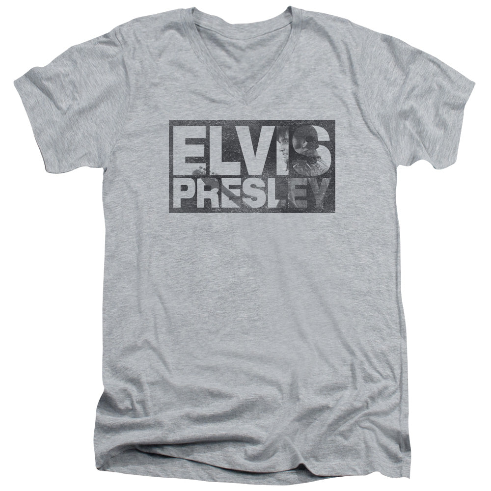 ELVIS PRESLEY/BLOCK LETTERS - S/S ADULT V-NECK 30/1 - ATHLETIC HEATHER