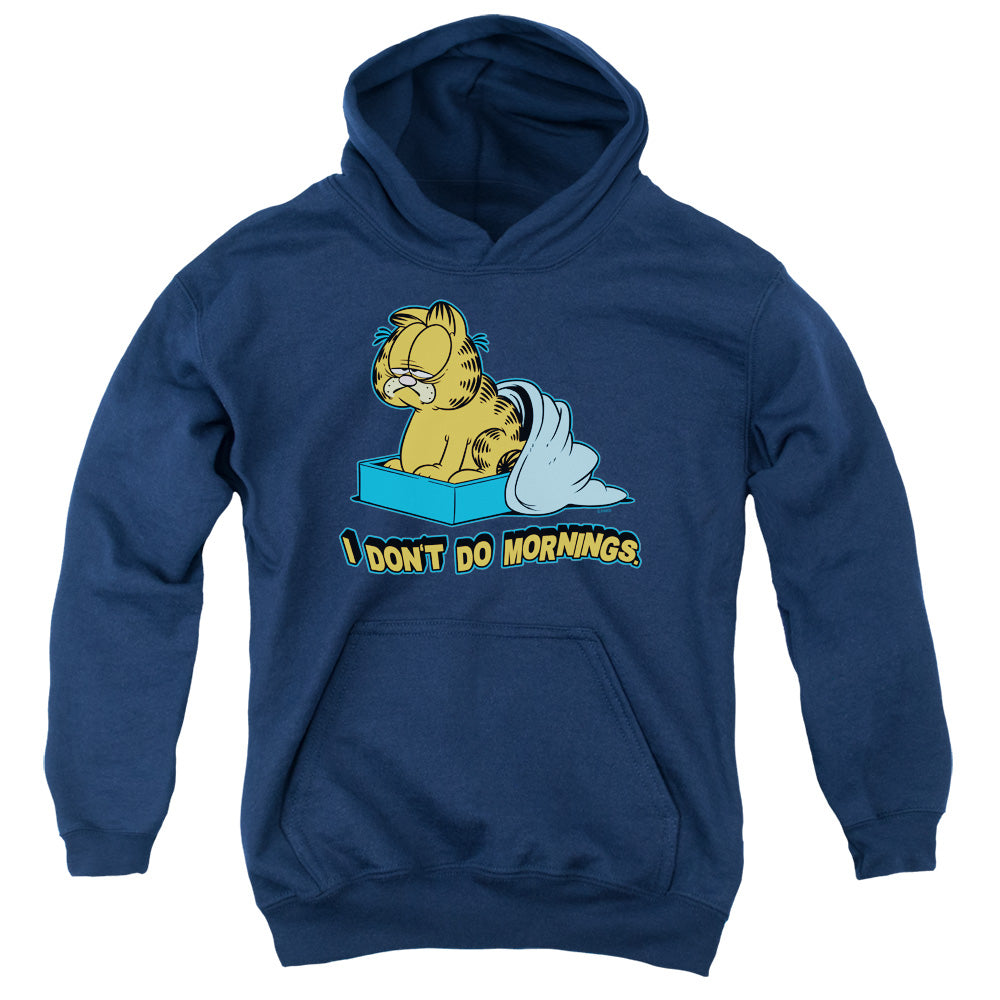 GARFIELD/I DONT DO MORNINGS - YOUTH PULLOVER HOODIE - NAVY