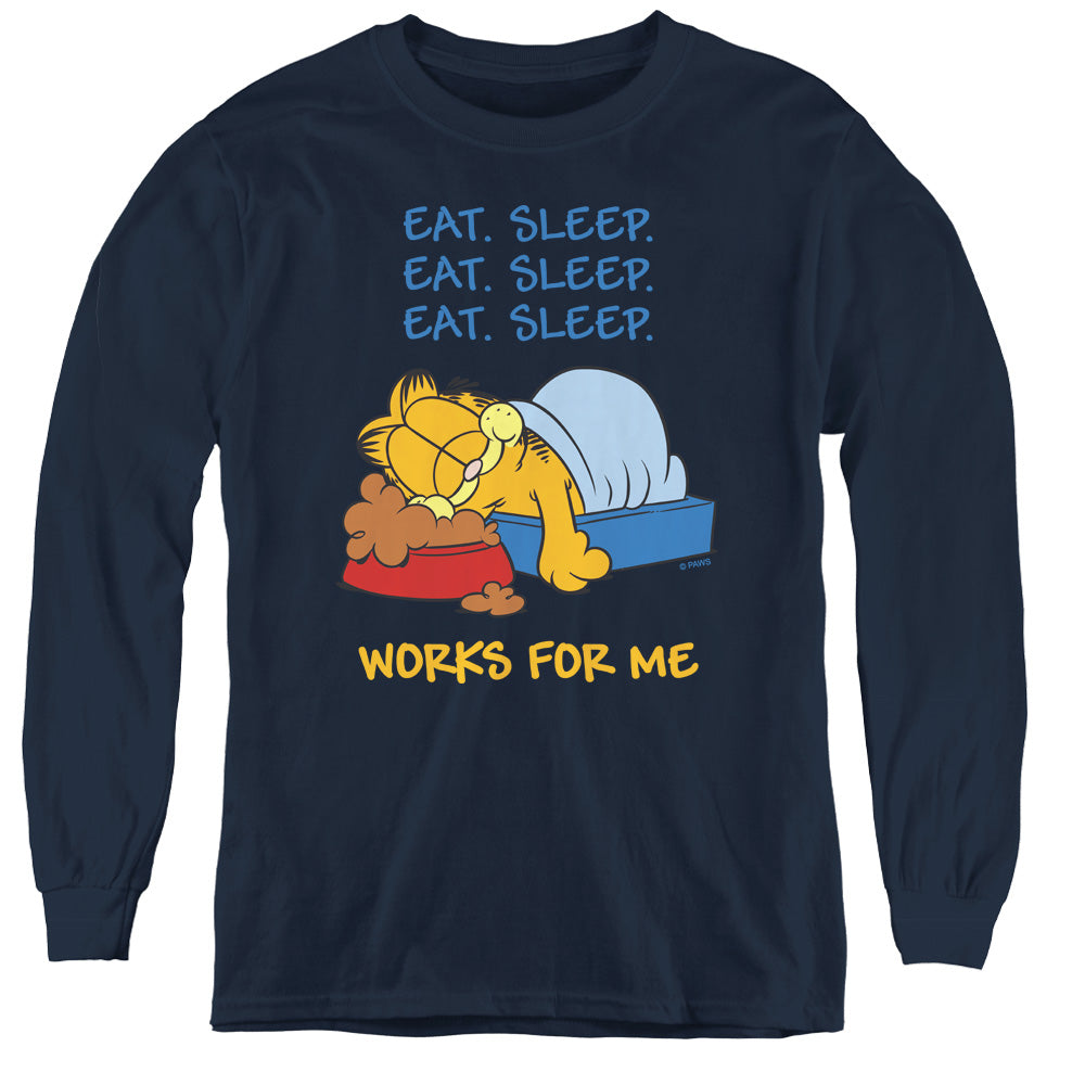 GARFIELD/WORKS FOR ME - YOUTH LONG SLEEVE TEE - NAVY
