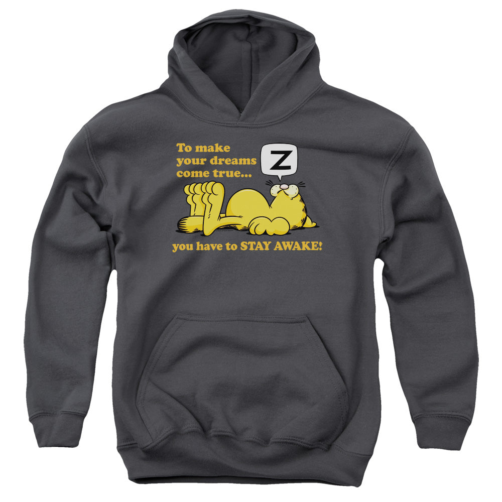 GARFIELD/STAY AWAKE - YOUTH PULLOVER HOODIE - CHARCOAL