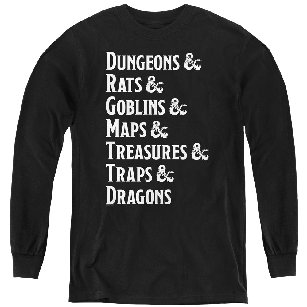 DUNGEONS AND DRAGONS/DUNGEON LIST - YOUTH LONG SLEEVE TEE - BLACK