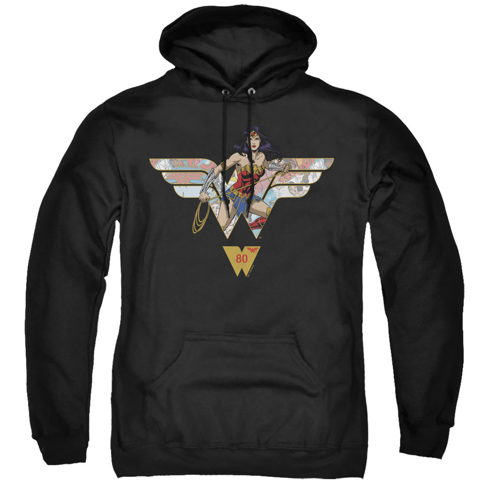WONDER WOMAN/WW 80TH COLLAGE LOGO - ADULT PULLOVER HOODIE - BLACK