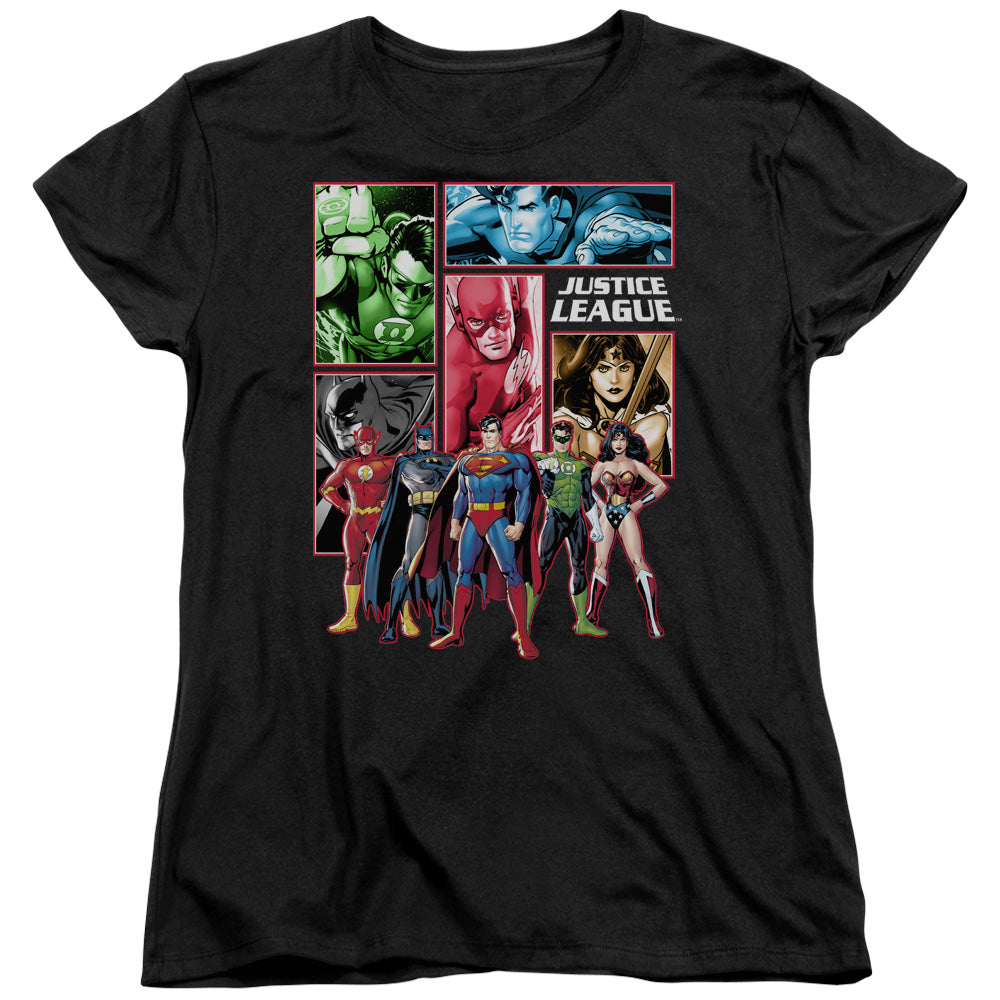 JLA/JUSTICE LEAGUE PANELS - S/S WOMENS TEE - BLACK