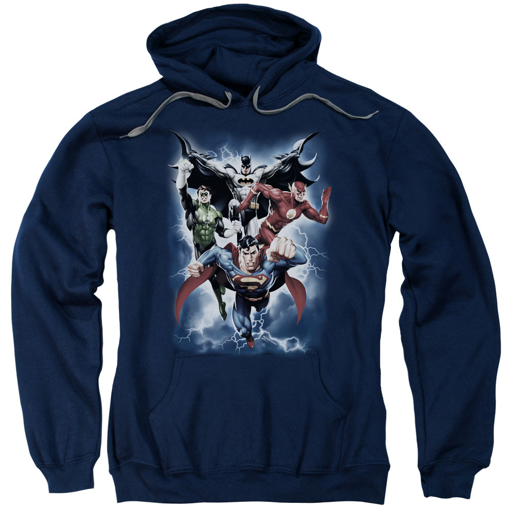 JLA/THE COMING STORM - ADULT PULLOVER HOODIE - NAVY