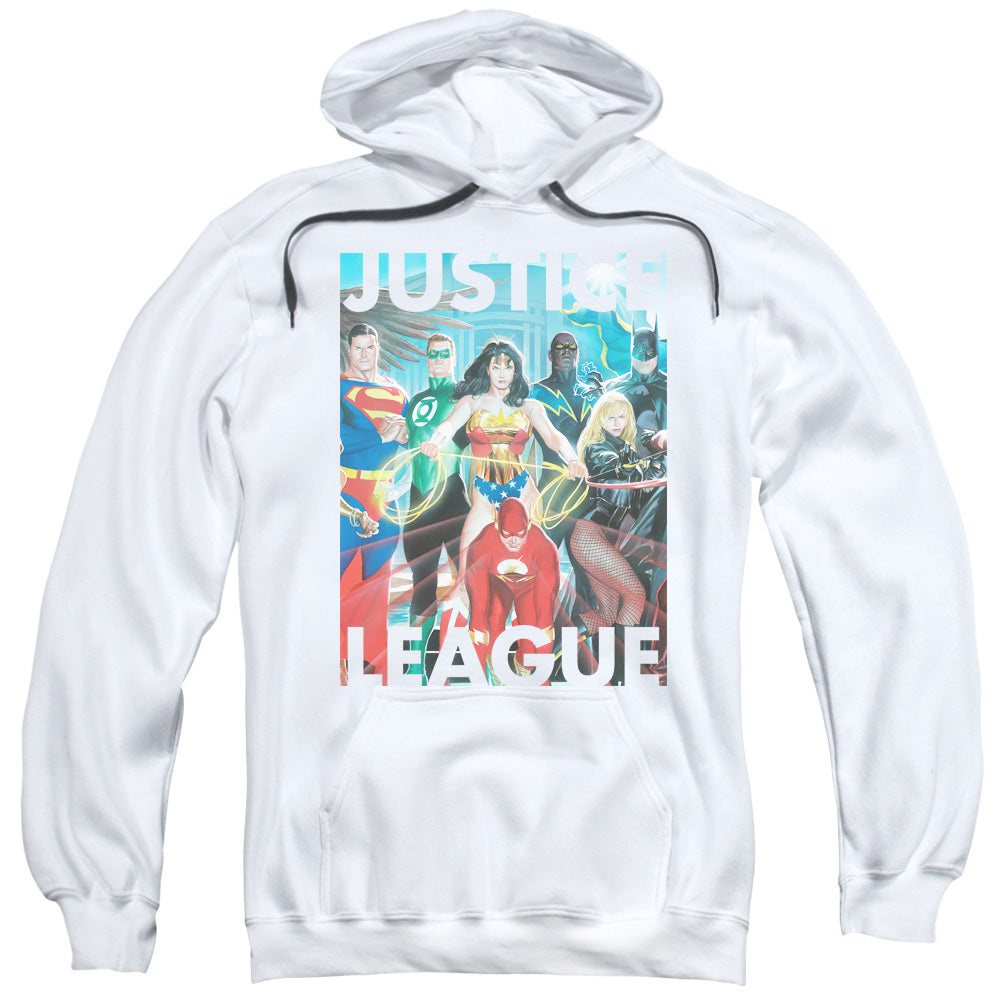 JLA/HALL OF JUSTICE - ADULT PULLOVER HOODIE - WHITE