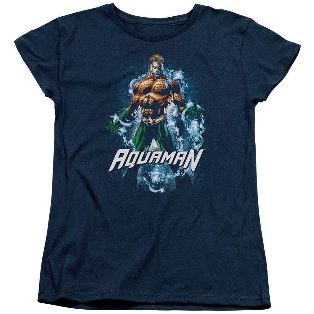 JLA/AQUAMAN WATER POWERS - S/S WOMENS TEE - NAVY