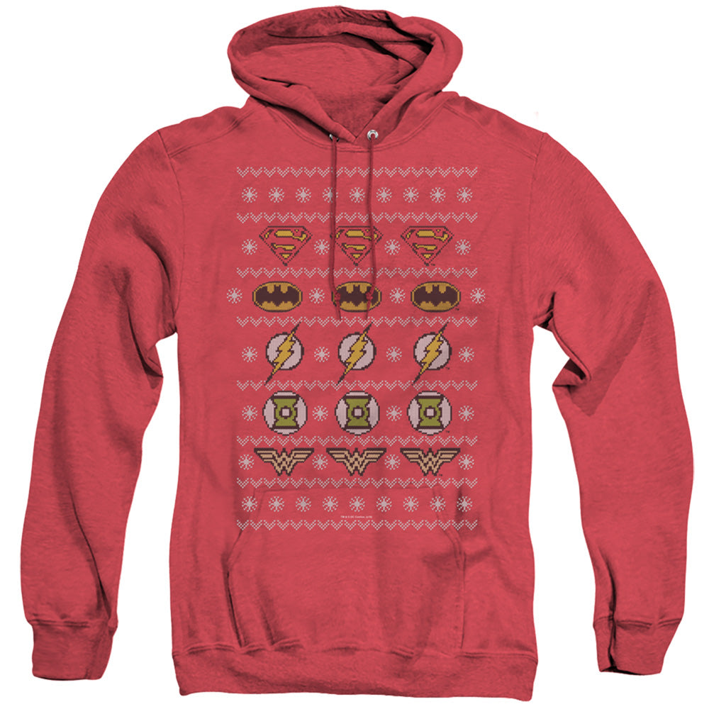 JLA/JUSTICE SHIELDS CHRISTMAS SWEATER - ADULT HEATHER HOODIE - RED