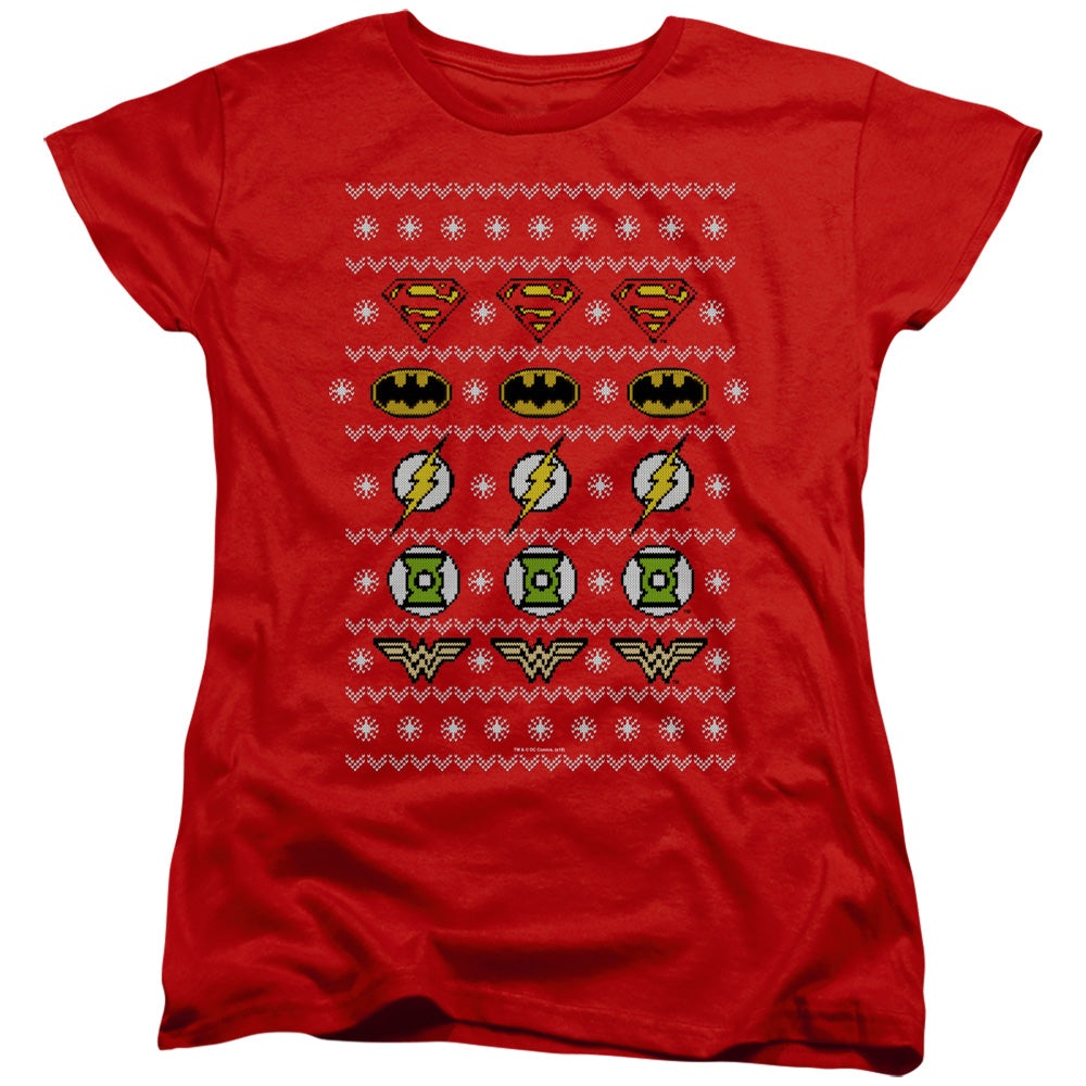 JLA/JUSTICE SHIELDS CHRISTMAS SWEATER - S/S WOMENS TEE - RED