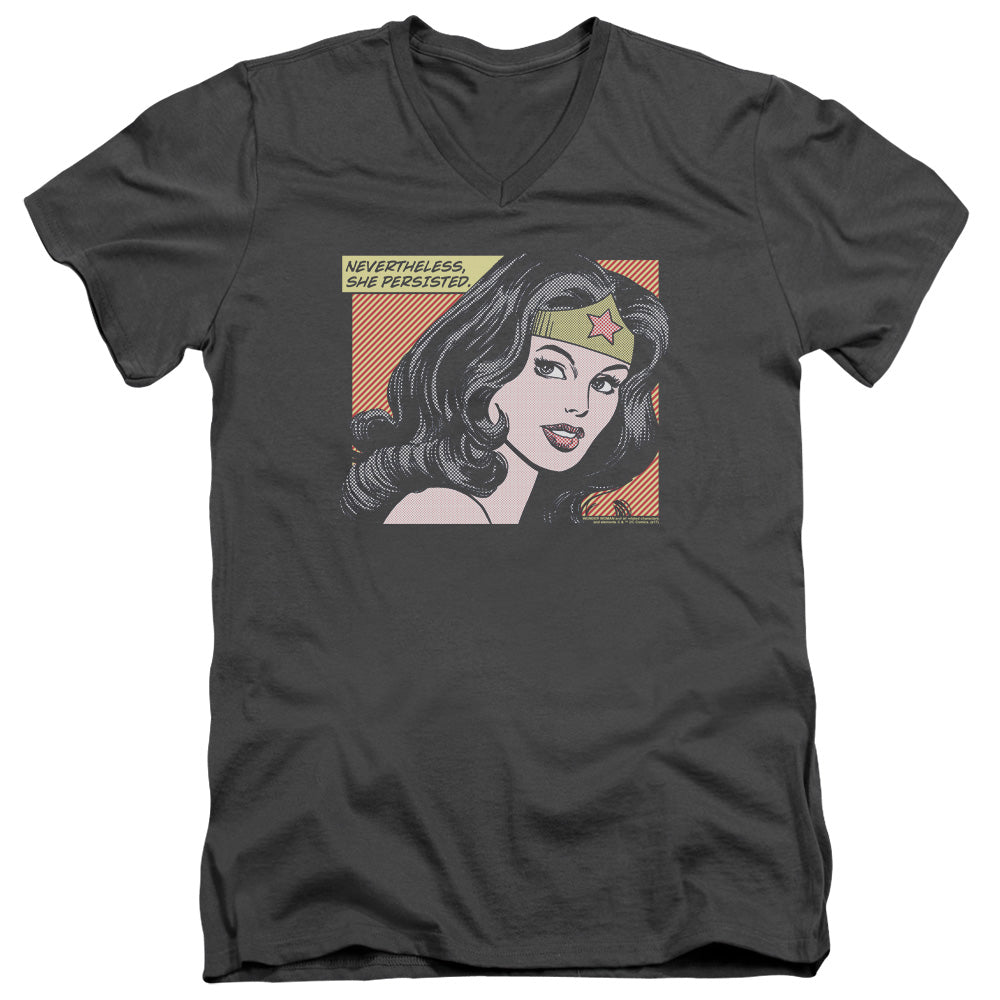 WONDER WOMAN/SHE PERSISTED - S/S ADULT V-NECK 30/1 - CHARCOAL