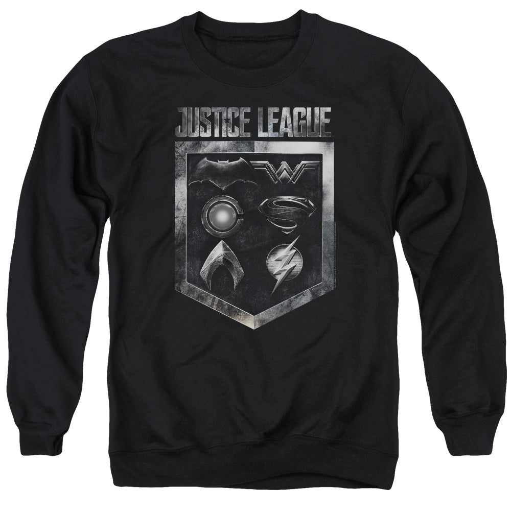JUSTICE LEAGUE MOVIE/SHIELD OF EMBLEMS - ADULT CREWNECK SWEATSHIRT - BLACK