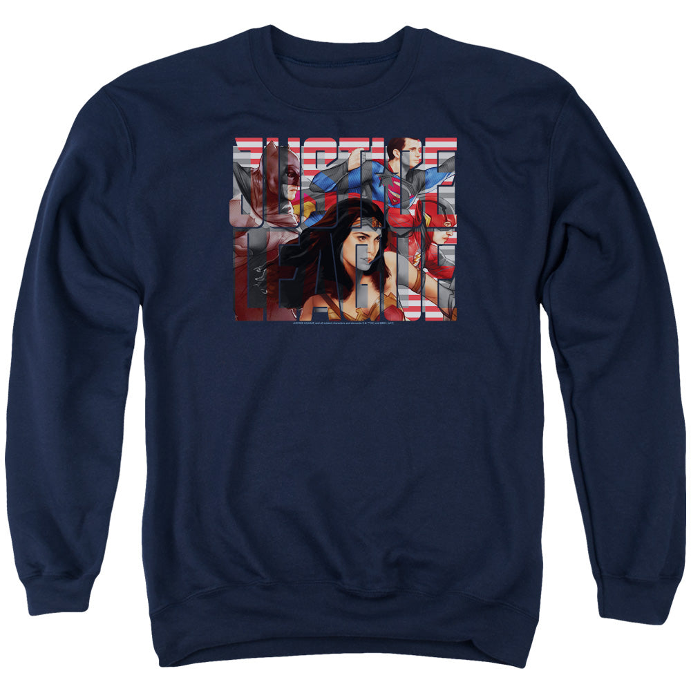 JUSTICE LEAGUE MOVIE/RALLY - ADULT CREWNECK SWEATSHIRT - NAVY