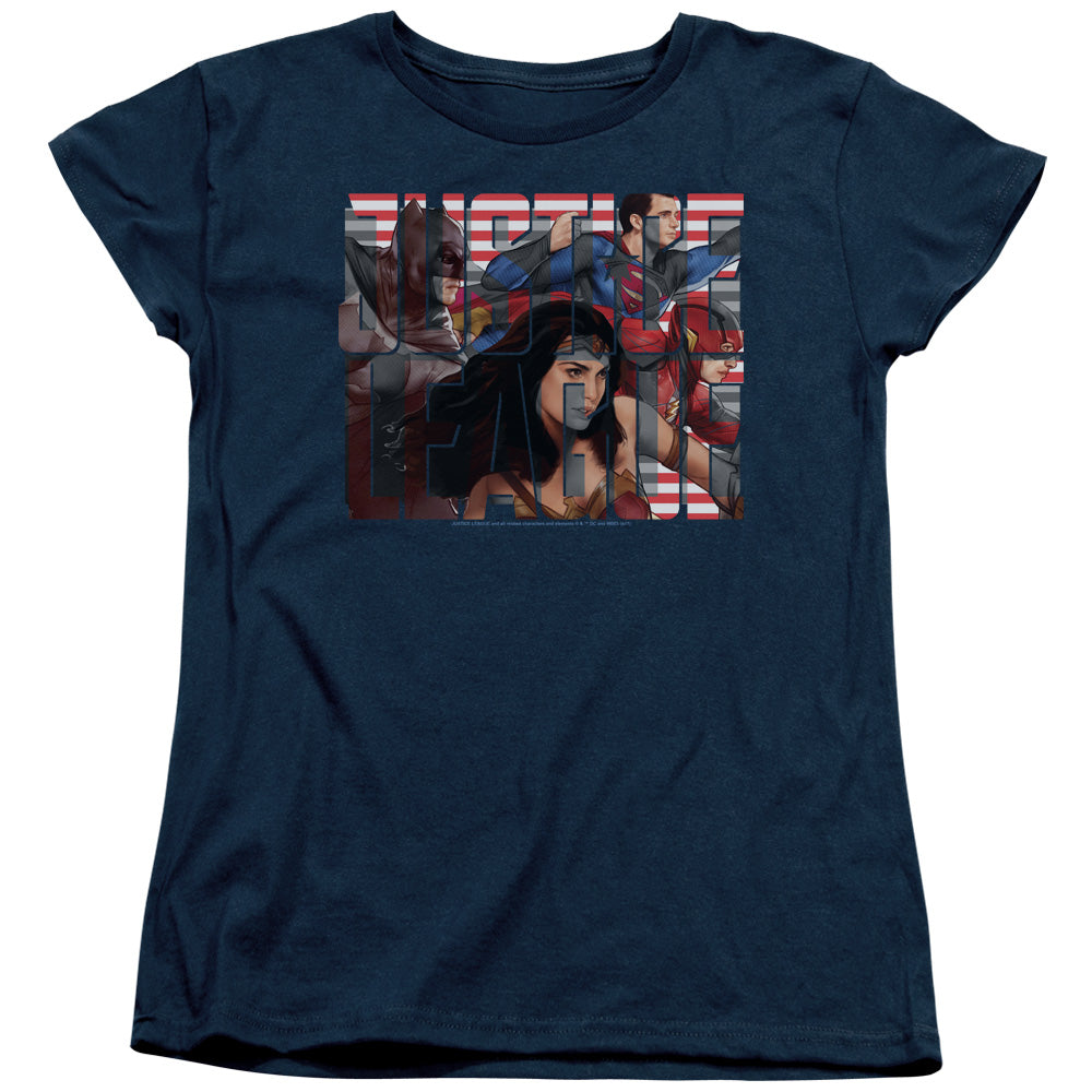 JUSTICE LEAGUE MOVIE/RALLY - S/S WOMENS TEE - NAVY