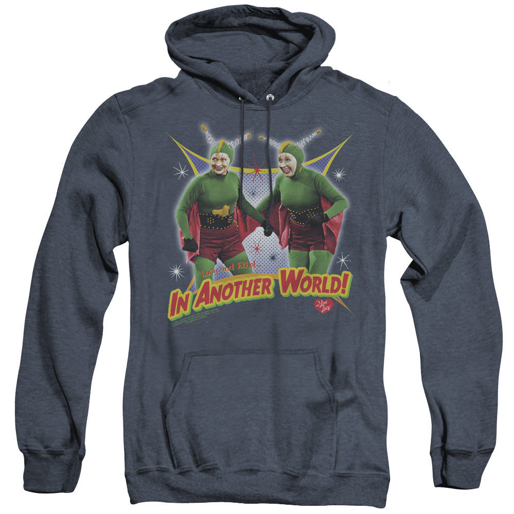 I LOVE LUCY/IN ANOTHER WORLD - ADULT HEATHER HOODIE - NAVY