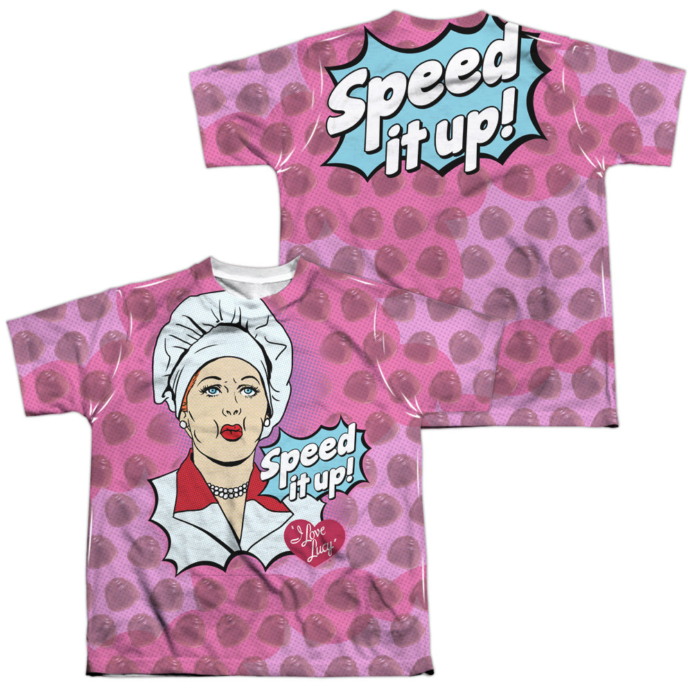 I LOVE LUCY/ALL OVER SPEED IT UP (FRONT/BACK PRINT) - S/S YOUTH POLY CREW - MULTI
