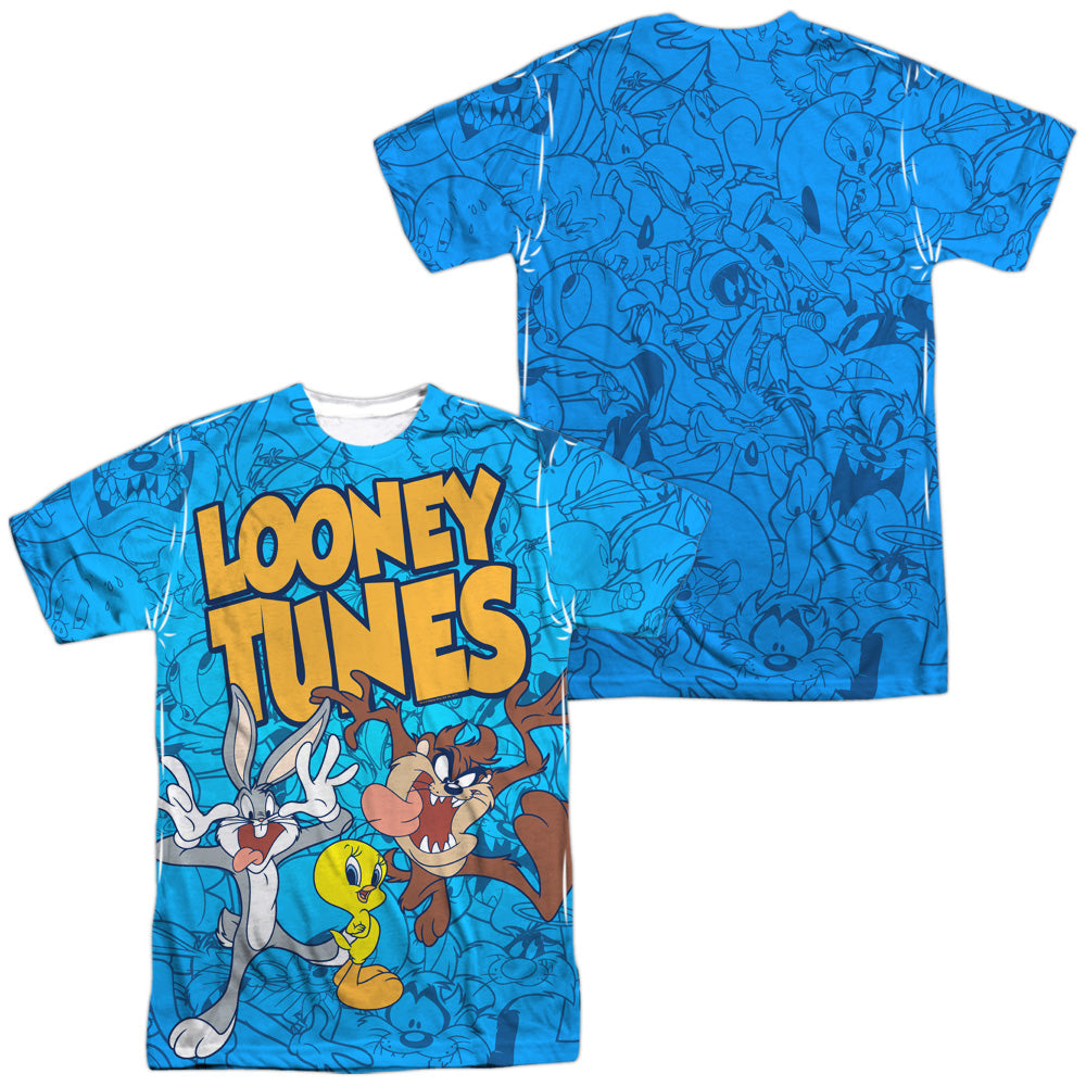LOONEY TUNES/COLLAGE OF CHARACTERS (FRONT/BACK PRINT) - S/S ADULT POLY CREW - MULTI