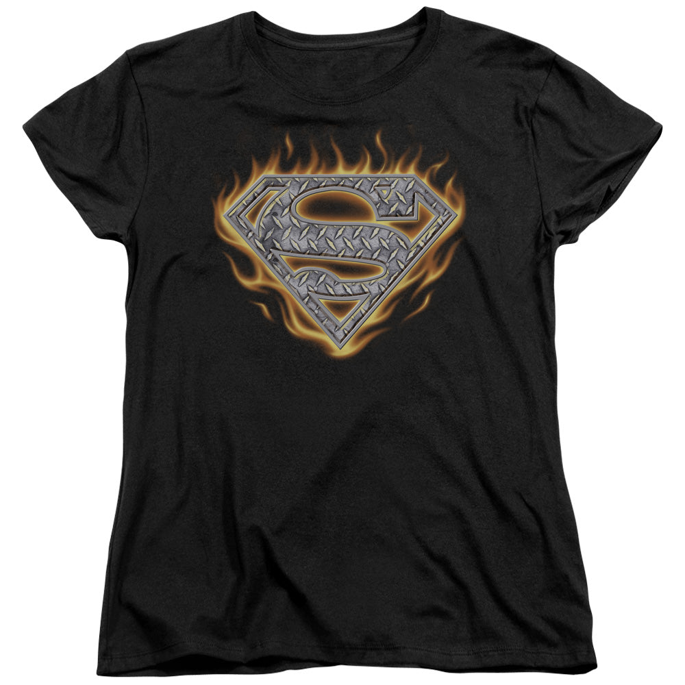 SUPERMAN/STEEL FIRE SHIELD - S/S WOMENS TEE - BLACK