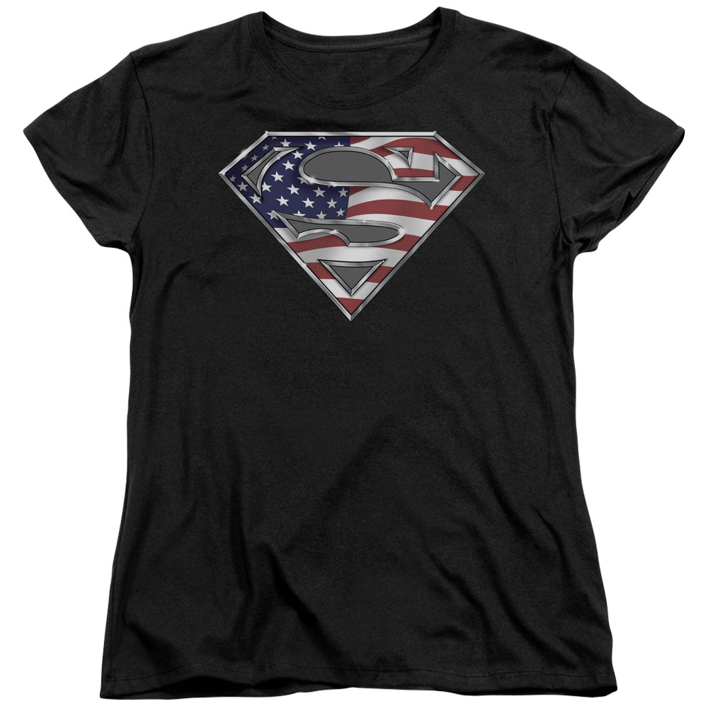 SUPERMAN/ALL AMERICAN SHIELD - S/S WOMENS TEE - BLACK