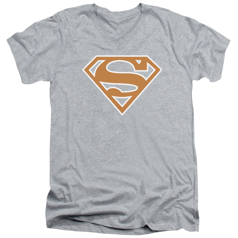 SUPERMAN/BURNT ORANGE&WHITE SHIELD - S/S ADULT V-NECK 30/1 - ATHLETIC HEATHER