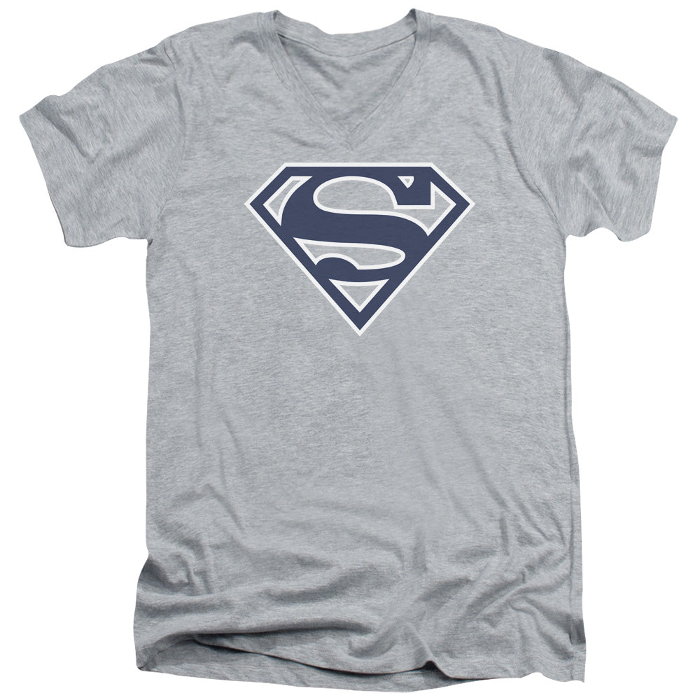 SUPERMAN/NAVY & WHITE SHIELD - S/S ADULT V-NECK 30/1 - ATHLETIC HEATHER
