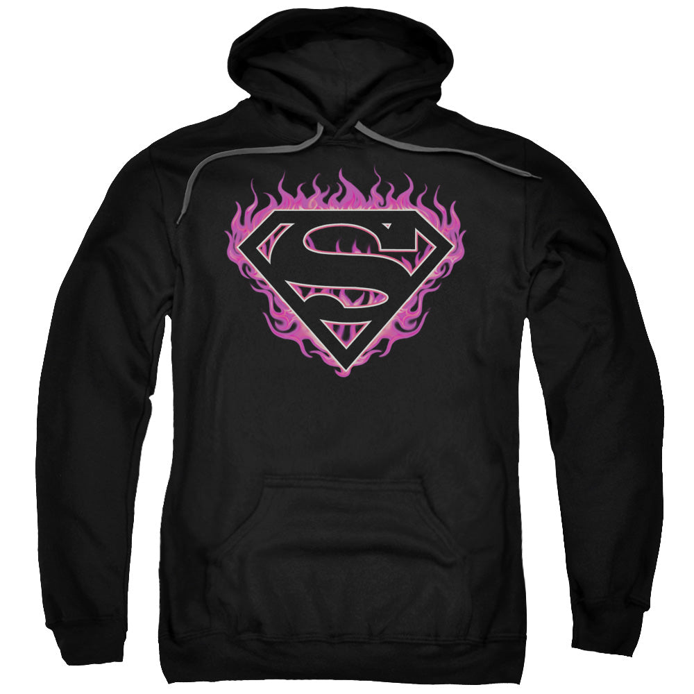 SUPERMAN/FUCHSIA FLAMES - ADULT PULLOVER HOODIE - BLACK