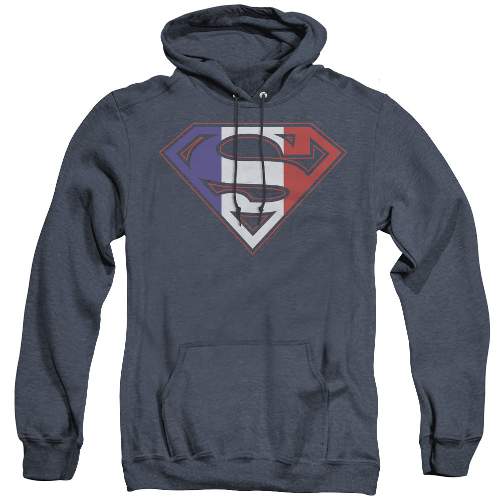 SUPERMAN/FRENCH SHIELD - ADULT HEATHER HOODIE - NAVY