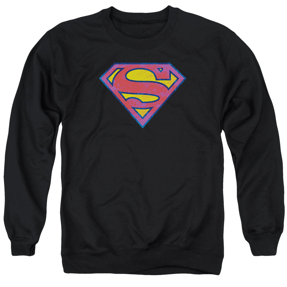 SUPERMAN/SM NEON DISTRESS LOGO - ADULT CREWNECK SWEATSHIRT - BLACK