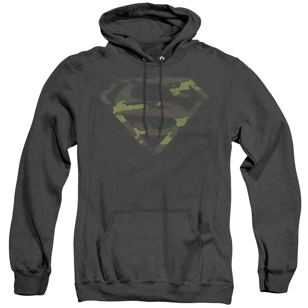 SUPERMAN/DISTRESSED CAMO SHIELD - ADULT HEATHER HOODIE - BLACK