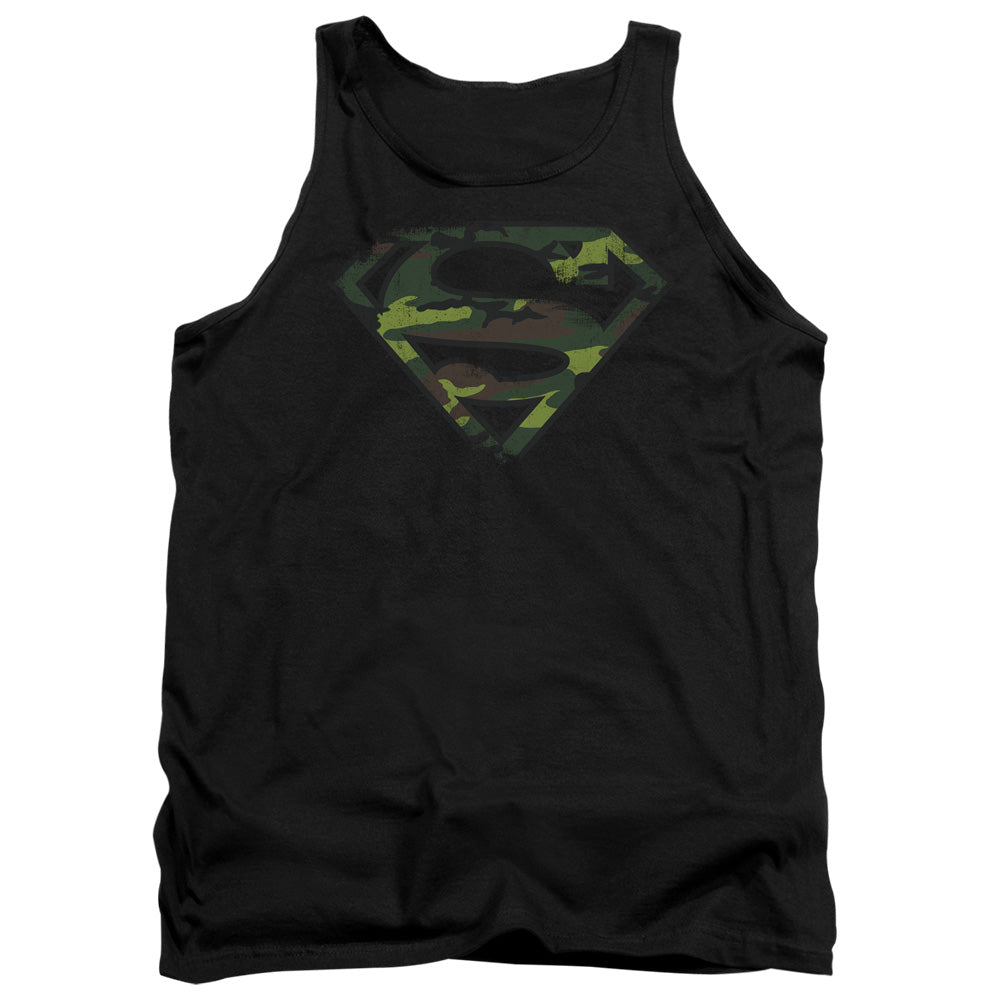 SUPERMAN/DISTRESSED CAMO SHIELD - ADULT TANK - BLACK