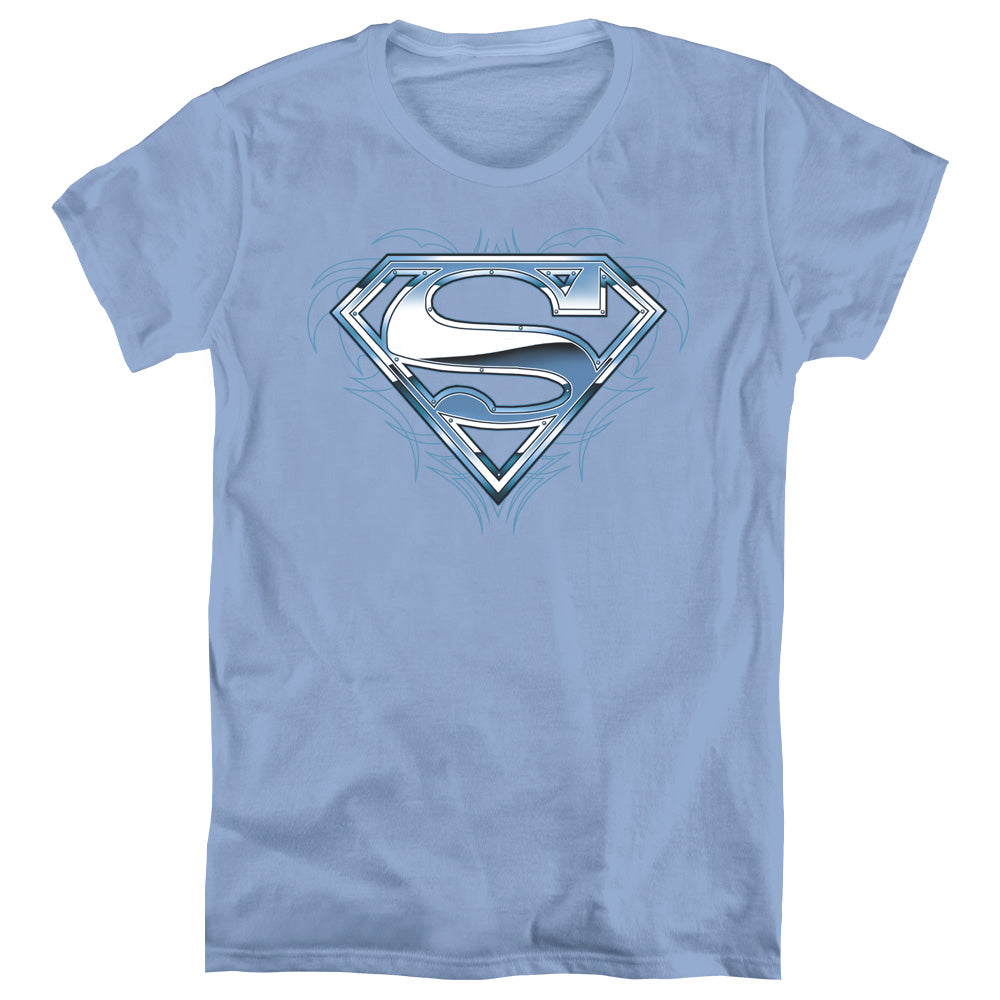 SUPERMAN/TRIBAL CHROME SHIELD - S/S WOMENS TEE - CAROLINA BLUE