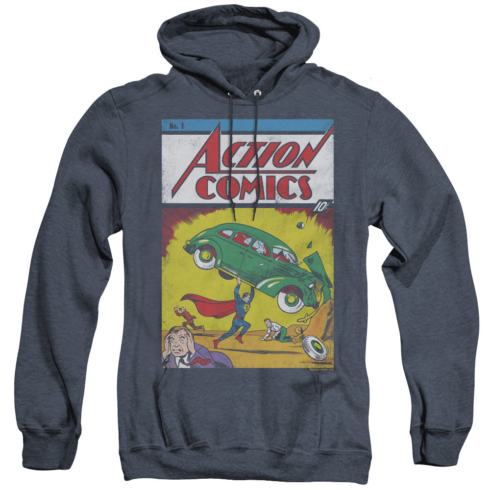 SUPERMAN/ACTION NO. 1 - ADULT HEATHER HOODIE - NAVY