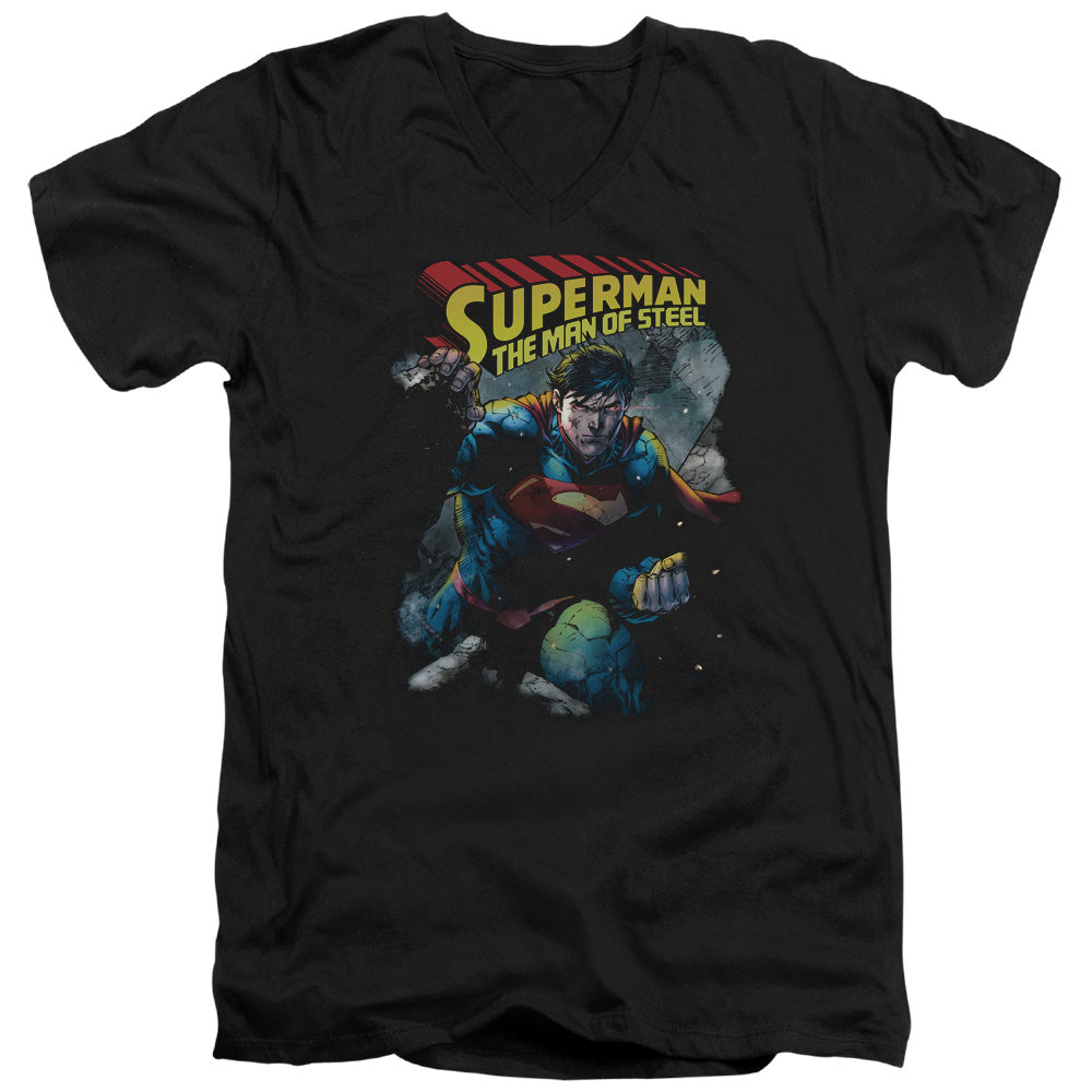 SUPERMAN/THROUGH THE RUBBLE - S/S ADULT V-NECK 30/1 - BLACK