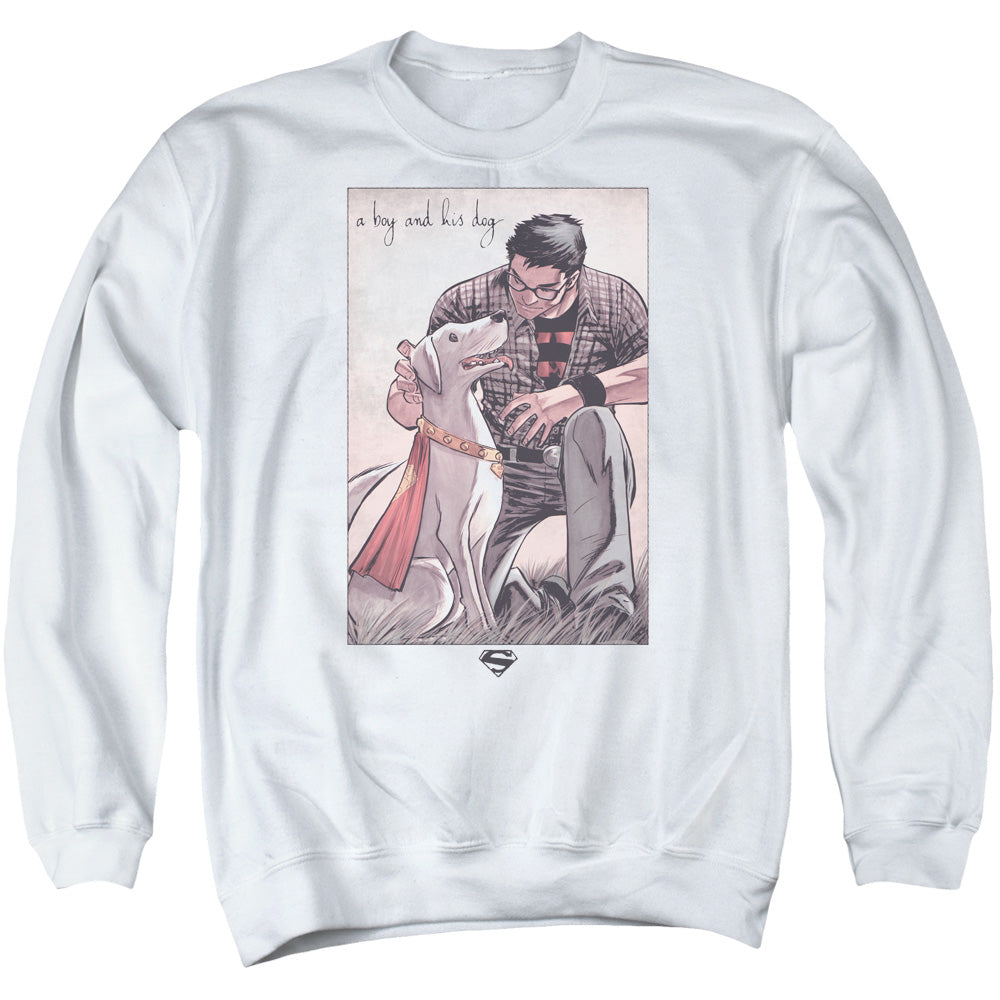 SUPERMAN/MANS BEST FRIEND - ADULT CREWNECK SWEATSHIRT - WHITE