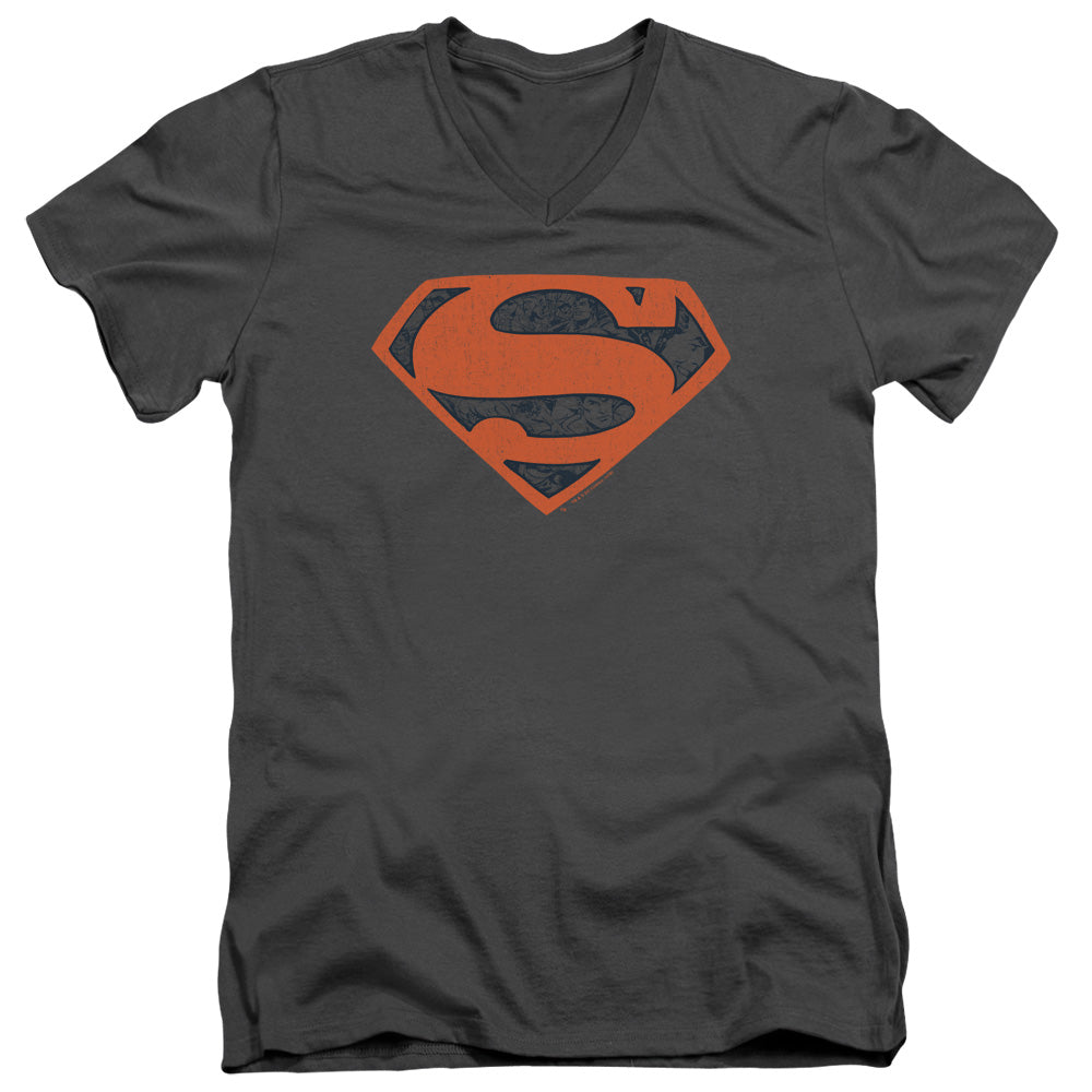 SUPERMAN/VINTAGE SHIELD COLLAGE - S/S ADULT V-NECK 30/1 - CHARCOAL